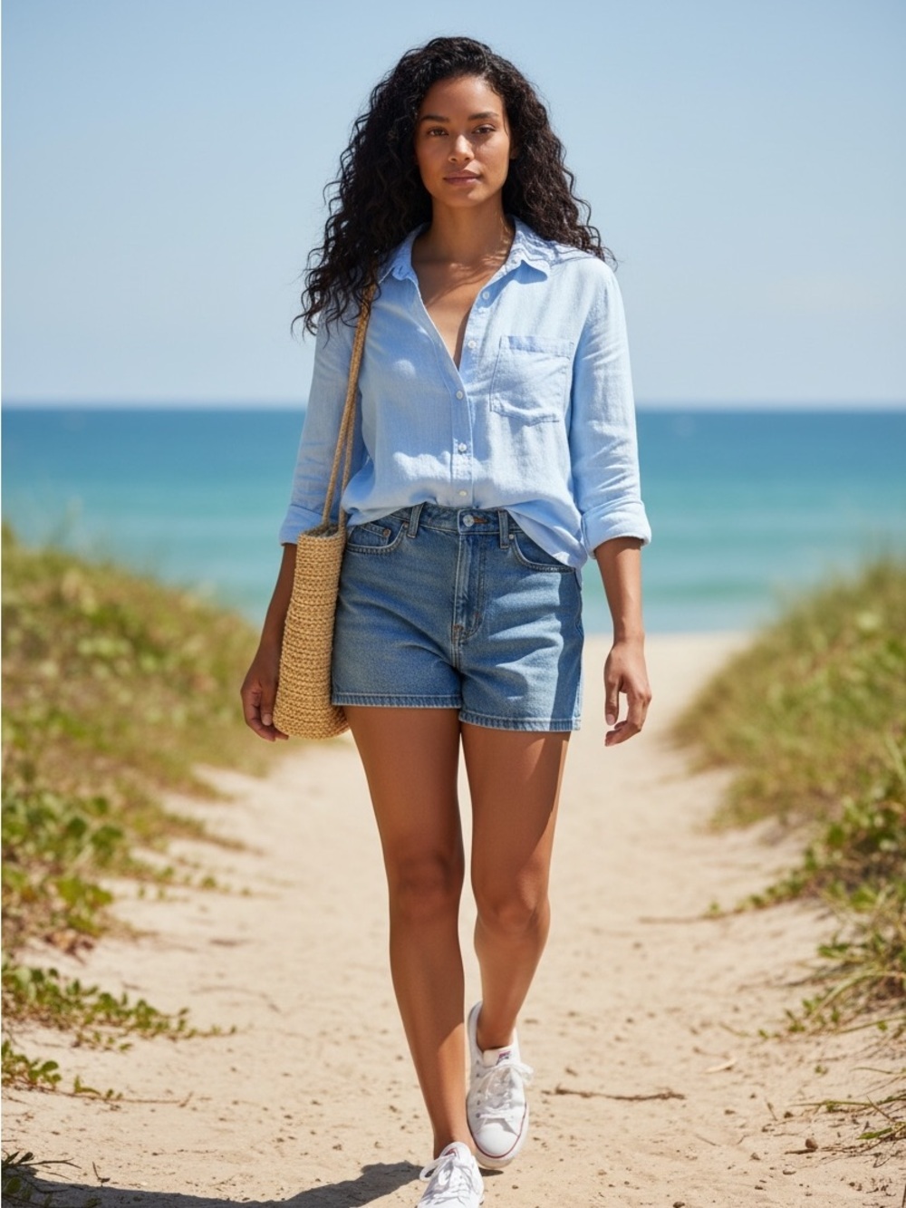 H&M Light Blue Button-Up Linen Blend Relaxed Fit Single Chest Pocket Shirt